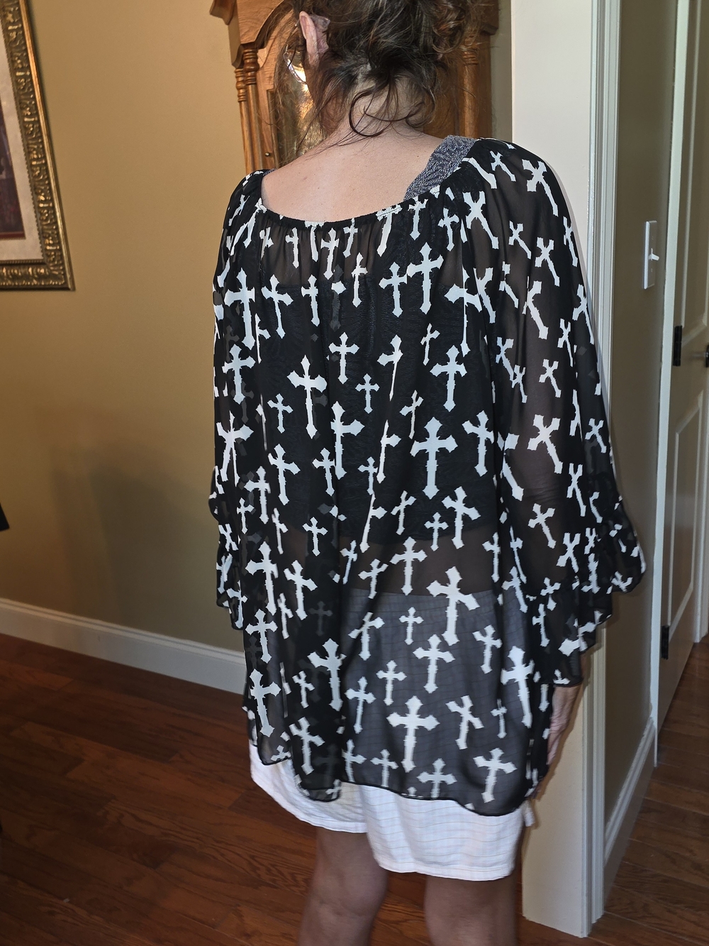 Sheer Black Cross-Print Women's Blouse